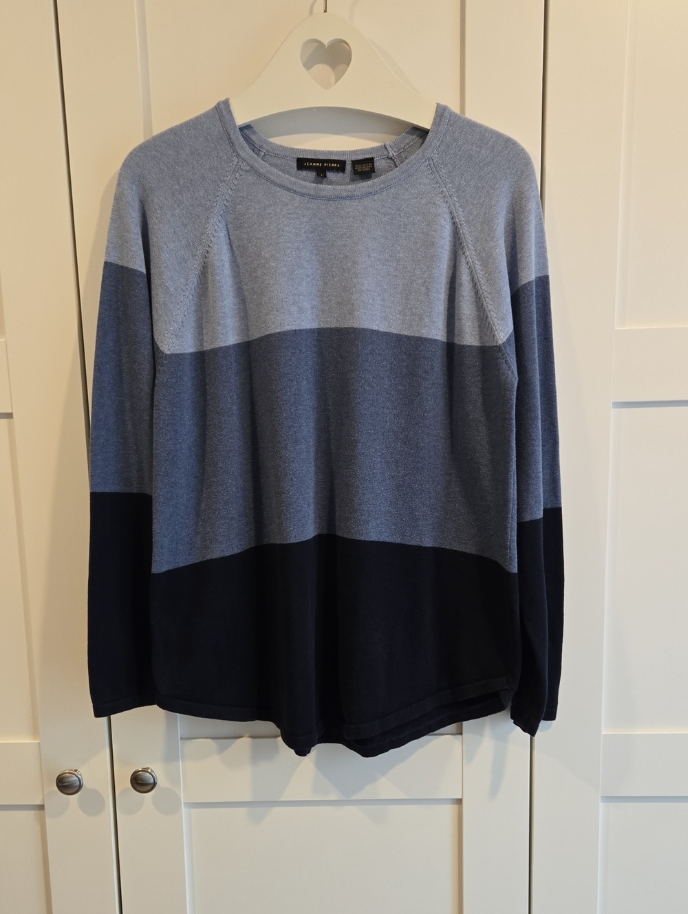 Jeanne Pierre Three-Tone Blue 100% Cotton Crewneck Sweater Size L